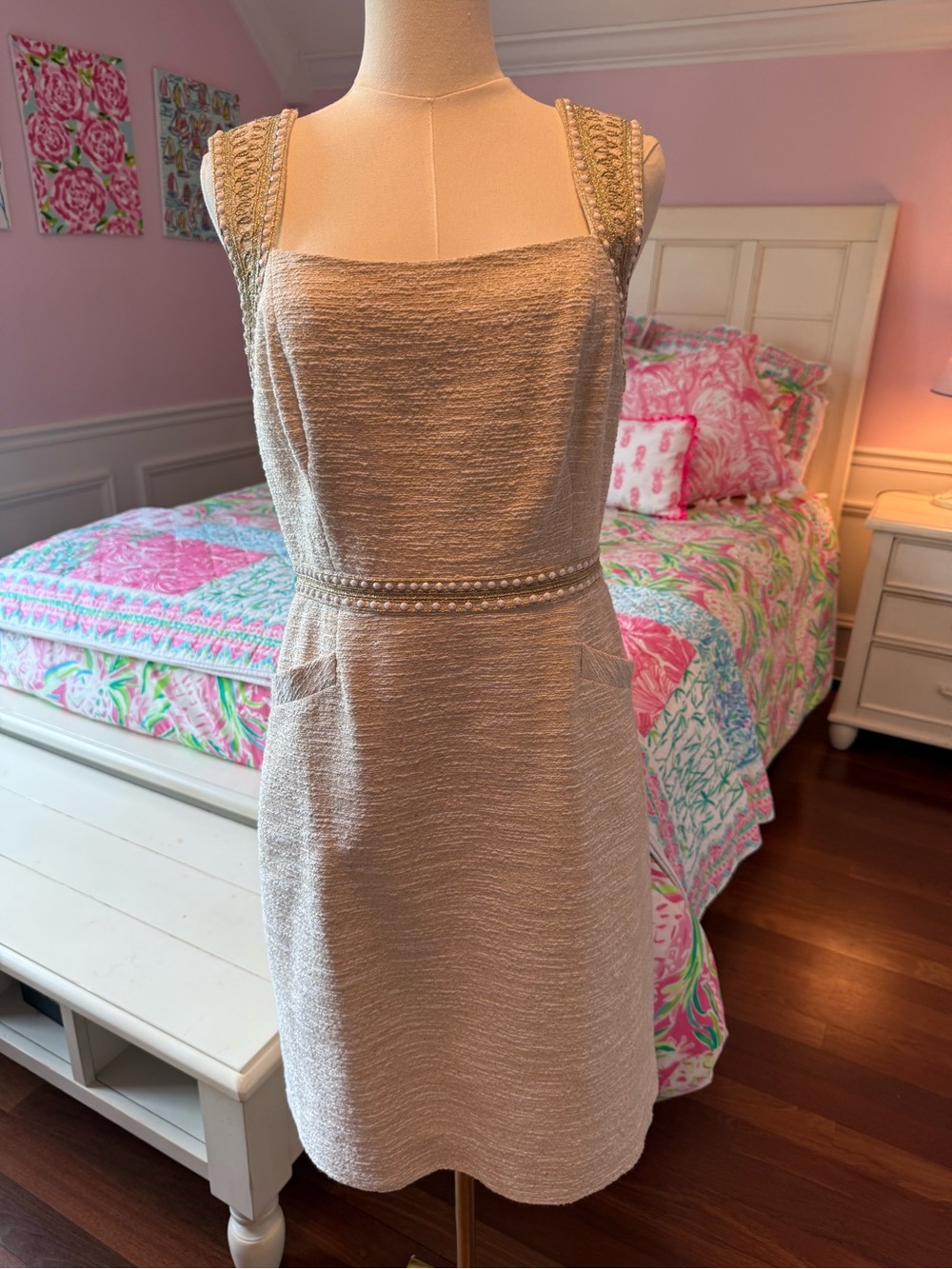 NWT Lilly Pulitzer Cream Textured Dress with Bearded Waist
